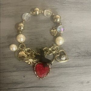 Betsey Johnson Gold Pearl Charm Bracelet with Red Heart Pendant